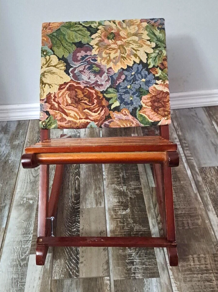 Foldable Rocking Footrest Wood W Tapestry Floral Cushion Upholstered Cottage - Image 2 of 4