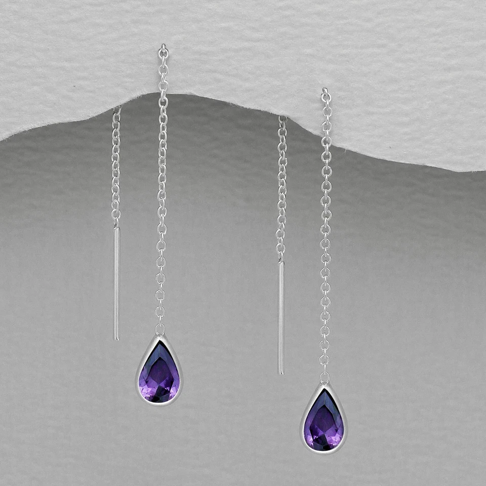 925 Sterling Silver Pear Teardrop Cubic Zirconia Pull Through Threader Earrings  - Image 3 of 4