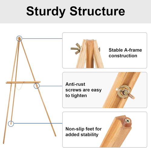 65" A-Frame Tripod Easel Stand, Wooden Display Easel with Adjustable Canvas Hold - Picture 3 of 8