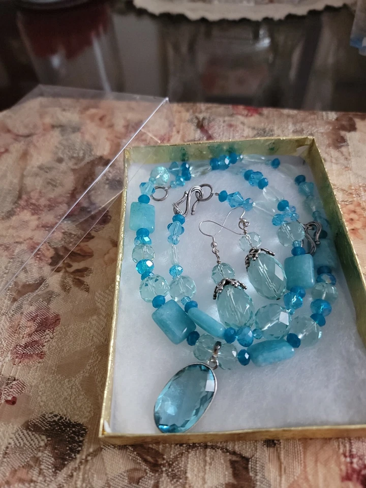 Aquamarine, Blue Topaz, Swarovski crystal, sterling silve jewelry set. Ship free - Image 4 of 4