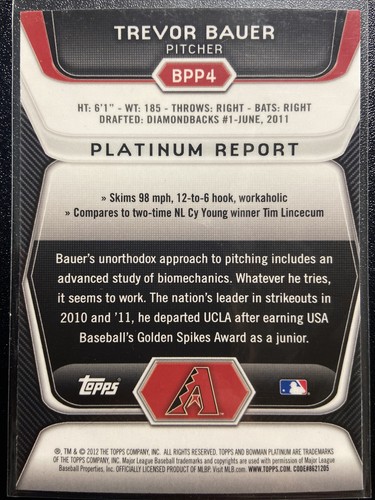 2012 Bowman Platinum Purple #BPP4 Trevor Bauer - Picture 2 of 2