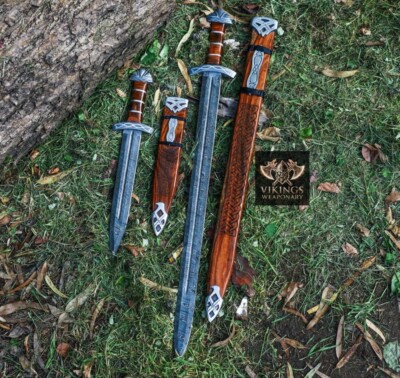 Hand Forged Damascus Steel Viking Sword Sharp Medieval Sword+Dagger, Scabbard