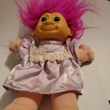 VTG Russ Berrie 10" Troll Doll Girl Purple Satin Dress Plush Soft Body Blue Eyes