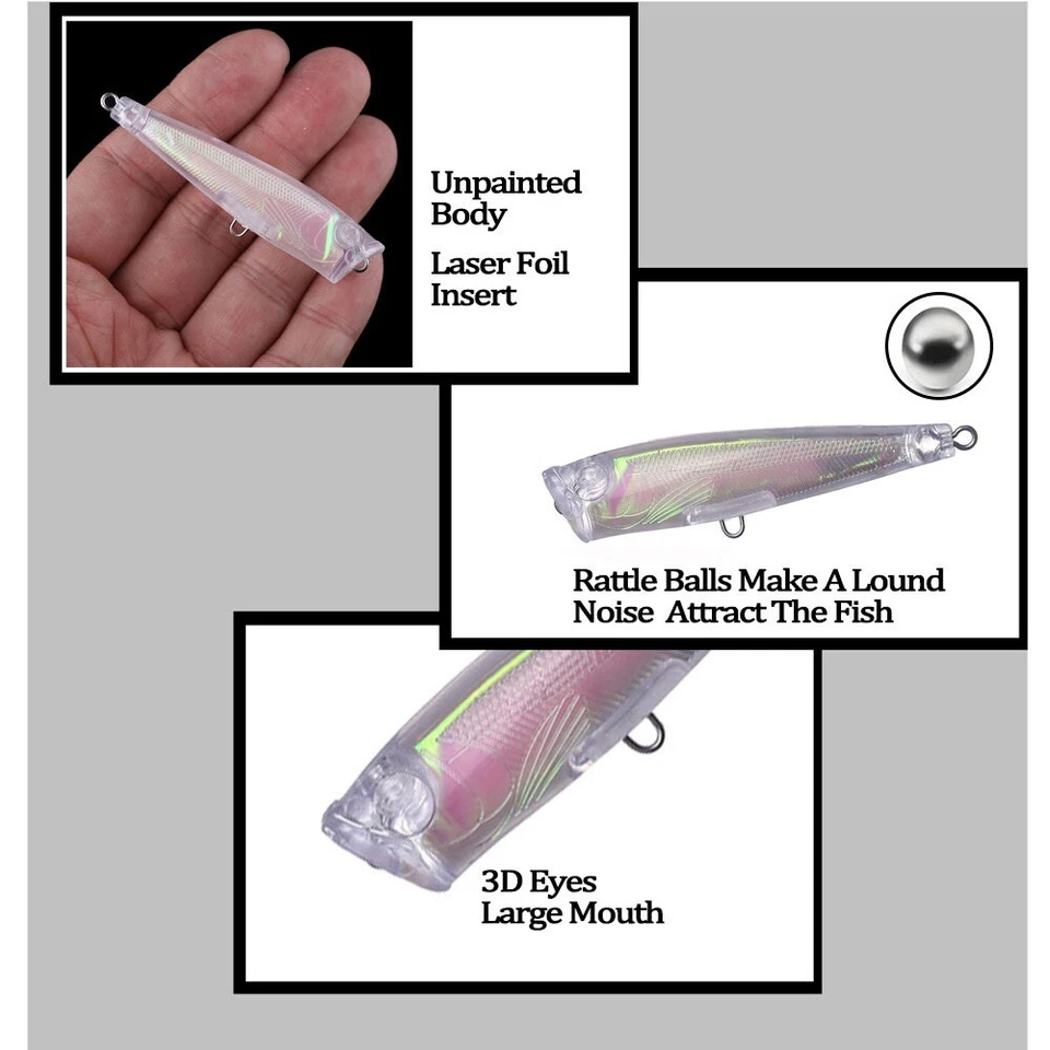 20PCS 7CM 5.8G Topwater Holographic Popper DIY Unpainted Bait Blank Fishing Lure - Image 4 of 4