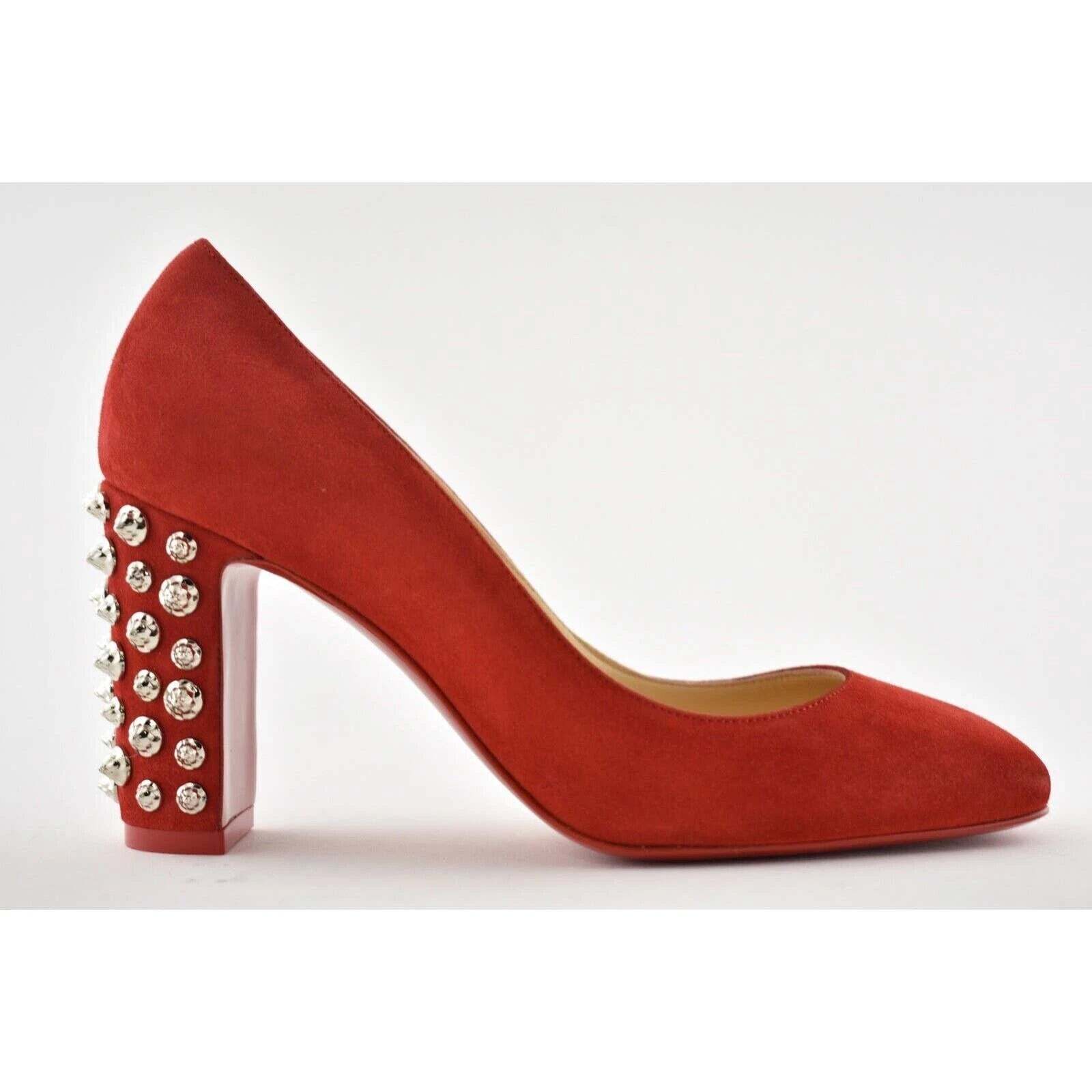 Christian Louboutin Donna Stud Spikes 85 Loubi Red Silver Block Heel Pump 38 image 3