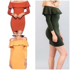 New Mustard/Green/Rust Off Shoulder Long Sleeve Ruffle Dress