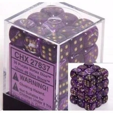 Chessex Dice (36) Block Sets 12mm D6 Vortex Purple w/ Gold 36 Die Set CHX 27837