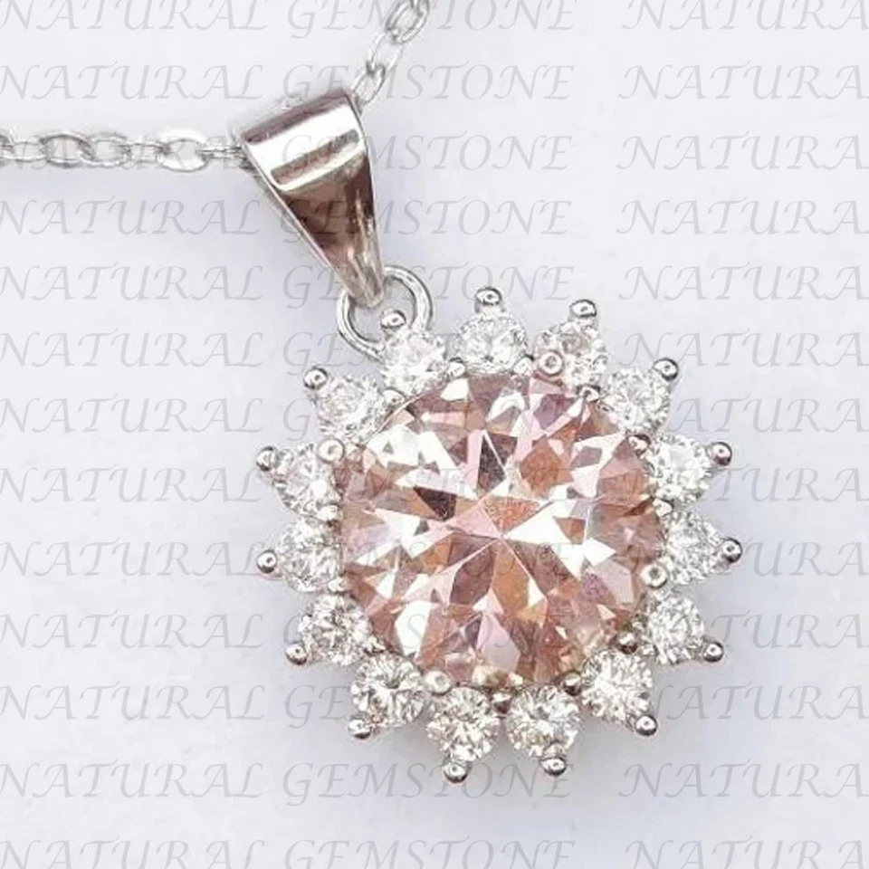 Colgante de morganita natural y diamantes de corte redondo de 5,50 quilates enchapado en oro blanco de 18 quilates Foto 3 de 4