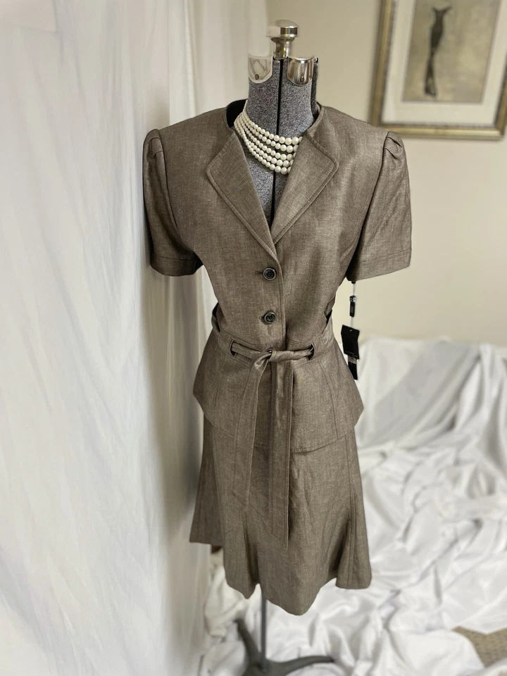 NUEVO Traje Falda Tahari ASL 12 Conjunto de Dos Piezas Lujoso Cinturón de Bonificación Mezcla de Lino $280 Foto 4 de 4