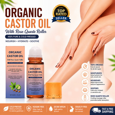 1Bottle Organic Golden Castor Oil Roll-On with Rose Quartz for Skin,Hair&Wrinkle