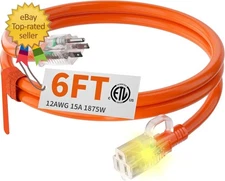 12/3 Gauge Heavy Duty Outdoor Extension Cord 6 Ft Waterproof with Lighted End