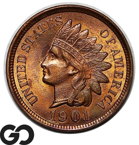 1901 Indian Head Cent Penny, Red Brown, Solid Gem BU++ RB