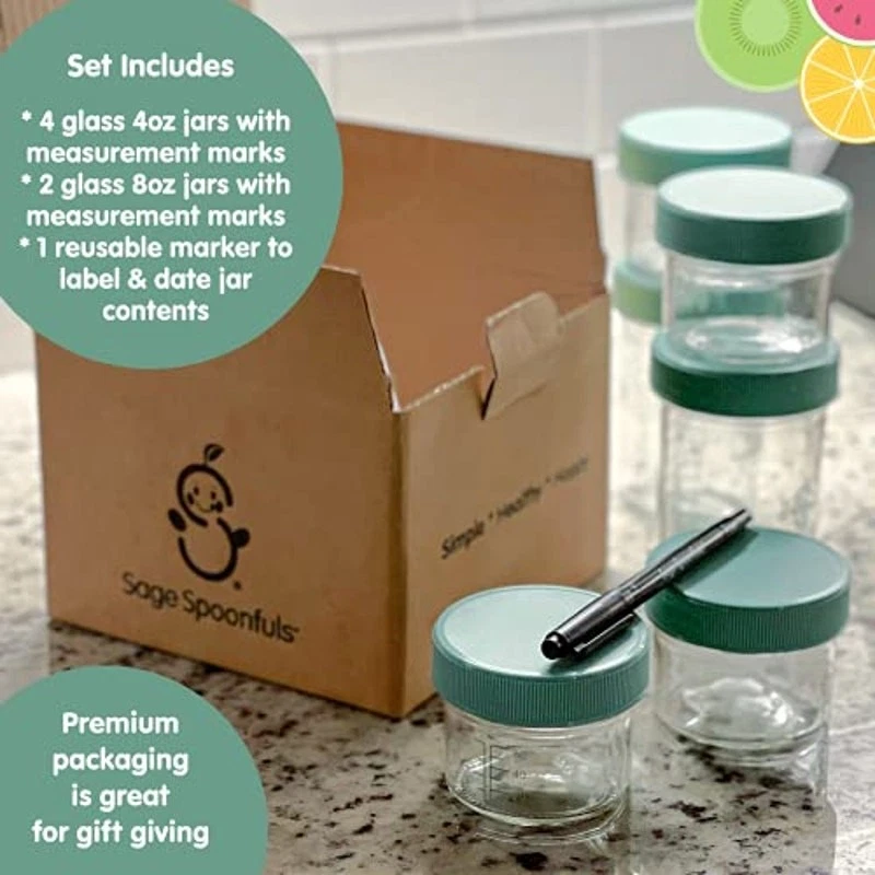 Sage Spoonfuls 6 pack Jar Set: 4oz (x4) & 8oz (x2) Jars Baby Food Storage NEW - Image 3 of 4