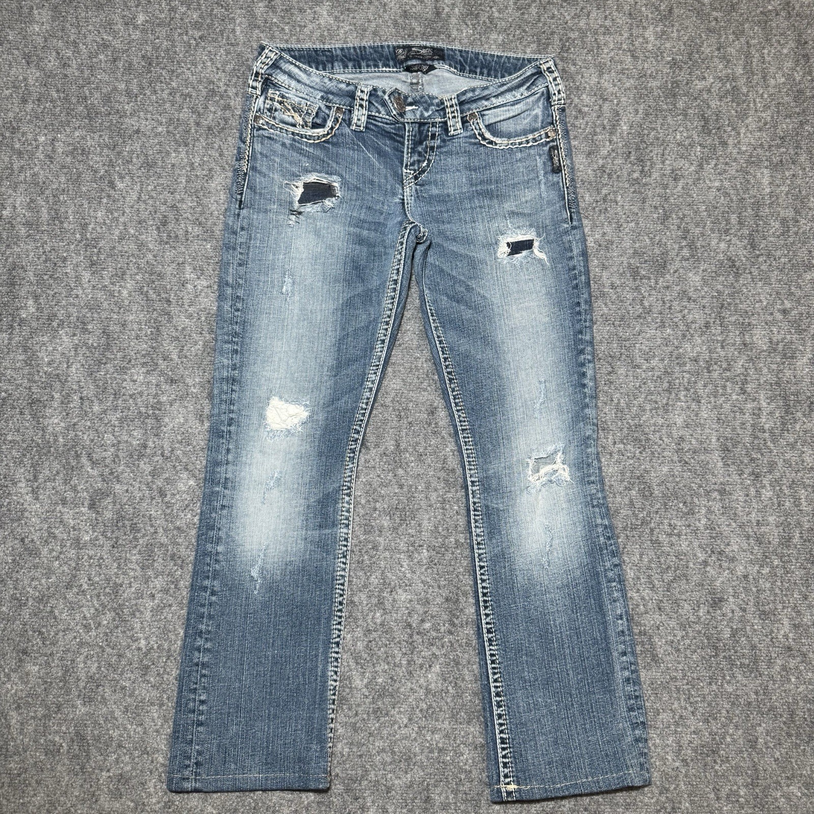 Silver Jeans Tuesday Baby Boot Cut Distressed 28x33 Tag Medium Wash Fits 28x27