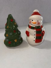 Pfaltzgraff Salt & Pepper Shaker Snowman & Christmas Tree Hand-painted Ceramic
