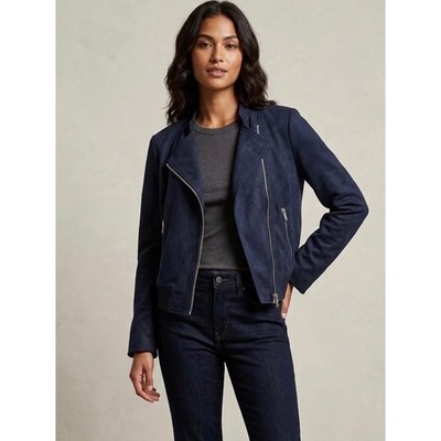 Banana Republic Moto Jacket Women Large Navy Blue Vegan Suede Asymmetrical Zip