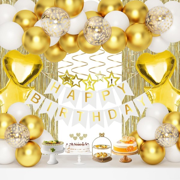 Geburtstagsdekorationen, Happy Birthday Banner, Goldfarbener Fransenvorhang,-image
