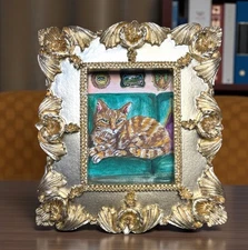 Cat 🐈 on Couch watercolor mini animal print in gold vintage style ornate frame