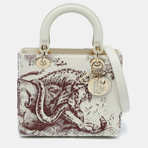 Sac fourre tout Dior cuir blanc cassé moyen perles brodées Lady Dior