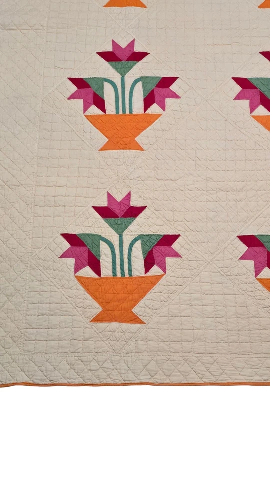 North Carolina Lily Flower Basket Quilt Blanket Hand Sewn Vintage 85x72 - Image 3 of 4
