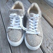 Betsey Johnson Gold SB SIDNY Rhinestone Lace Up Comfort Sneakers Women Sz 7.5