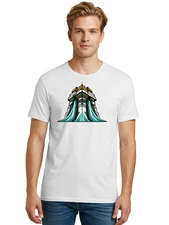 Futuristic-Waterfall-Tower Mens Graphic Tee, 100% Cotton, Casual Summer Wear