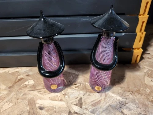 Murano Glass Black Pink Latticino Swirl Ribbon Twist Vintage Pair Of 2 Figures