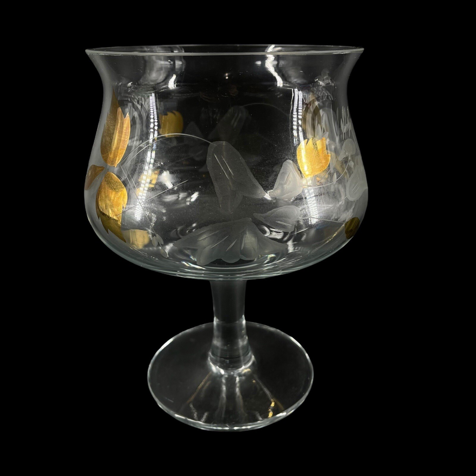 Vintage MCM Clear Glass Fluted Candy Dish with Gold Gilt Floral Etching