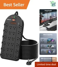 Black 24-Outlet Power Strip with USB-A & USB-C Surge Protector, 10Ft Extension