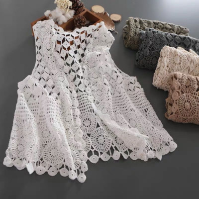 Women Lace Hollow Crochet Cardigan Open Front Vest Cotton Knit Gilet Tank Tops