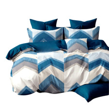 Set Copripiumino Matrimoniale e Federe con Motivo a Chevron Blu e Grigio