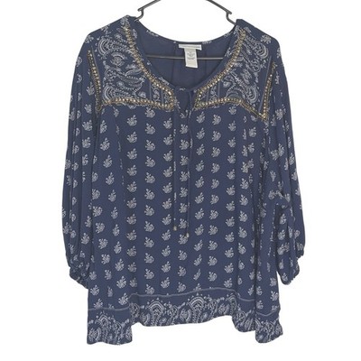 Womens Blouse Boho Paisley Embellished 3X Navy Blue Peasant Top
