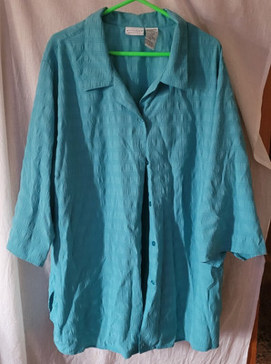 Women's White Stag Shirt Plus Size 26W/28W Teal/Blue Button-Up 3/4 Sleeve Light