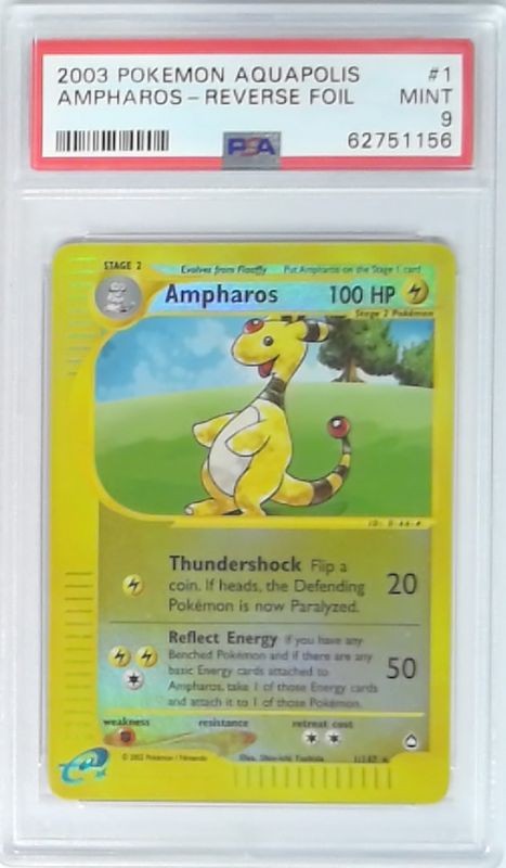 1x  V2049: 2003: Ampharos: 1/147: Reverse Holo: Aquapolis: PSA: 9: MINT: 6275115
