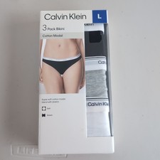 Underwear Women Calvin Klein Bikini 3 Pack Black/Gry/Wht Cotton New Large