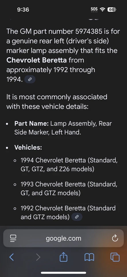 New Genuine OEM GM 5974385 Rear Left Side Marker Lamp For Chevrolet Beretta - Image 2 of 4