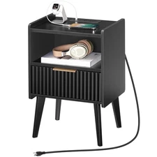 Fluted Nightstand End Table with Charging Station Small Modern Bedside Black