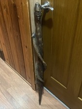 Carved Wood Snake Walking Stick Figural Head Handle Man 38