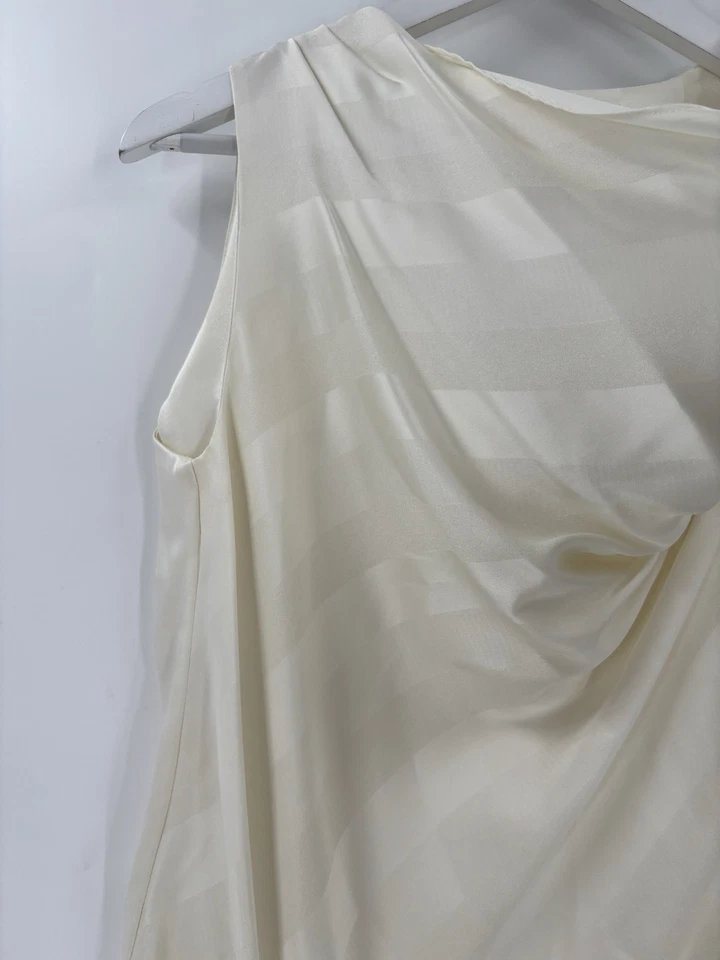 Blusa sin mangas Liz Claiborne vintage para mujer 6 marfil blanco capucha cuello satinado nudo con corbata Foto 3 de 4