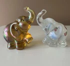 Pair Fenton Opalescent & Amber Glass Baby Elephants Figurine Floral Signed