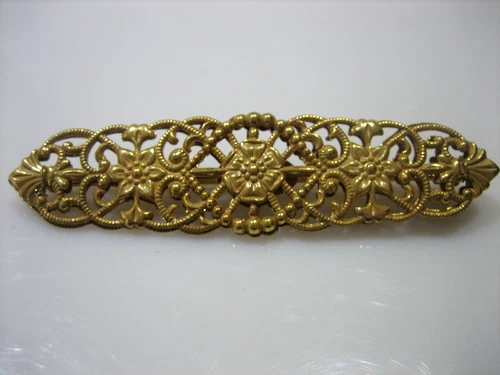 MIRIAM HASKELL SIGNED VINTAGE GOLD TONE FILIGREE BAR BROOCH