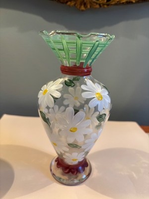 Vintage Tracy Porter Hand Painted Daisy Floral Design Glass Vase  (6.5 )