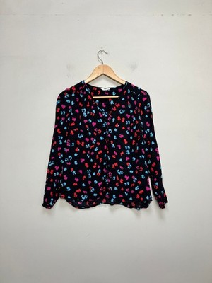 Hush Bluse Damen 10 schwarz Multi Herzmuster Langarm VNeck Knopfleiste