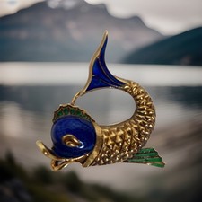 Mid-Century 14KYG Enamel Fish Brooch/Pin 8.4 Grams