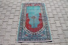 2x4 ft Turkish Blue Wool Rug - Vintage Handwoven Anatolian Tribal Prayer Mat