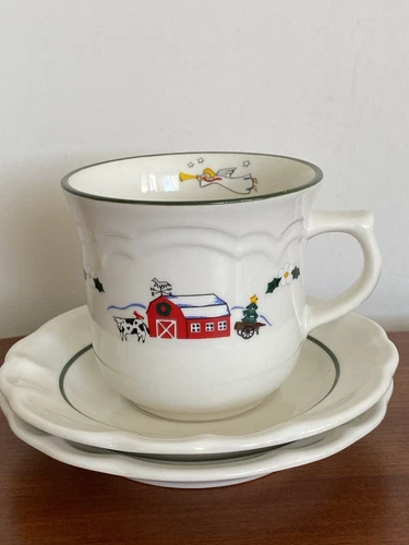 Vintage PFALTZGRAFF Snow Village Christmas Snow Country Barn Mug & 2 Saucer set