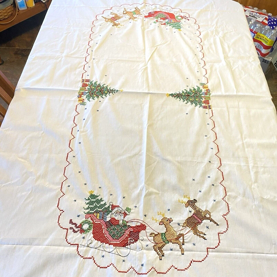 Vtg Cross Stitch Embroidery Handmade Christmas Tablecloth 100 X 58 Rectangle NEW - Image 4 of 4