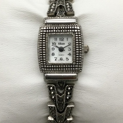 Eikon Marcasite Watch 19mm Womens Silver Tone MOP Dial New Battery 7.5''