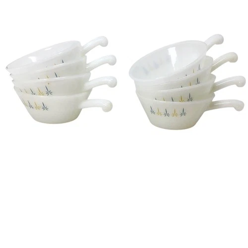 Fire King Anchor Hocking Candle Glow Handle Bowl Set of 8 Atomic Starburst White