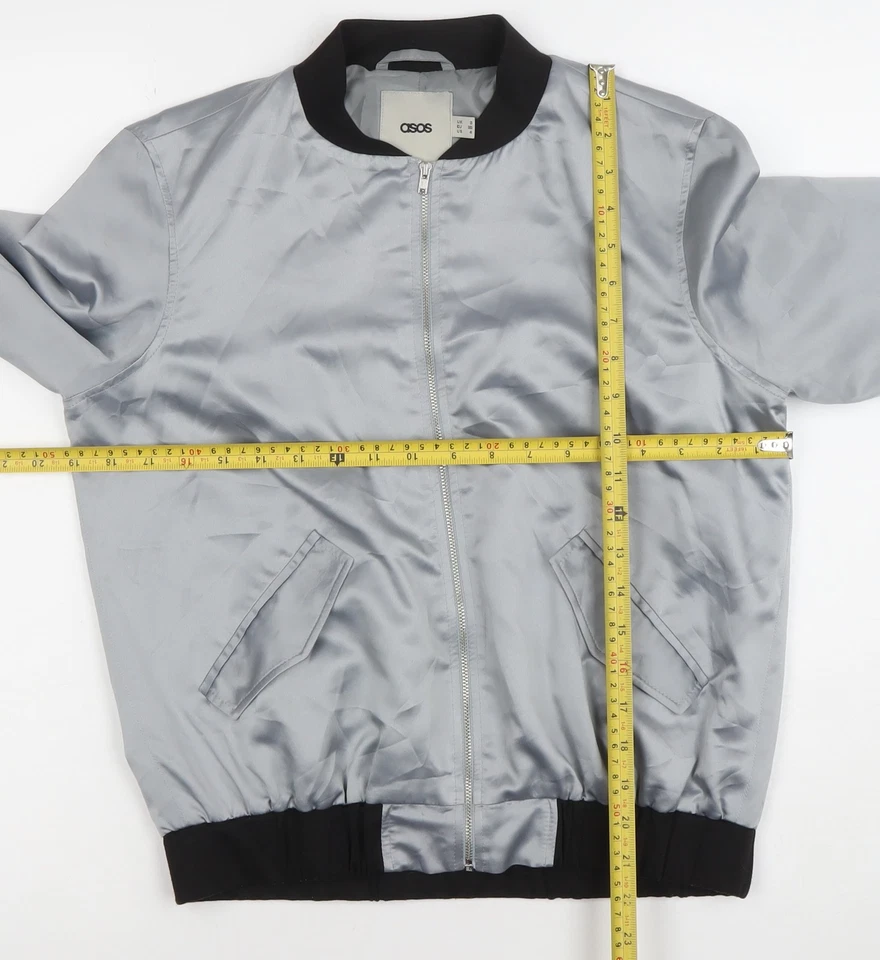 ASOS Womens Silver Bomber Jacket Size 8 Regular Fit Zip Satin - Image 2 of 4